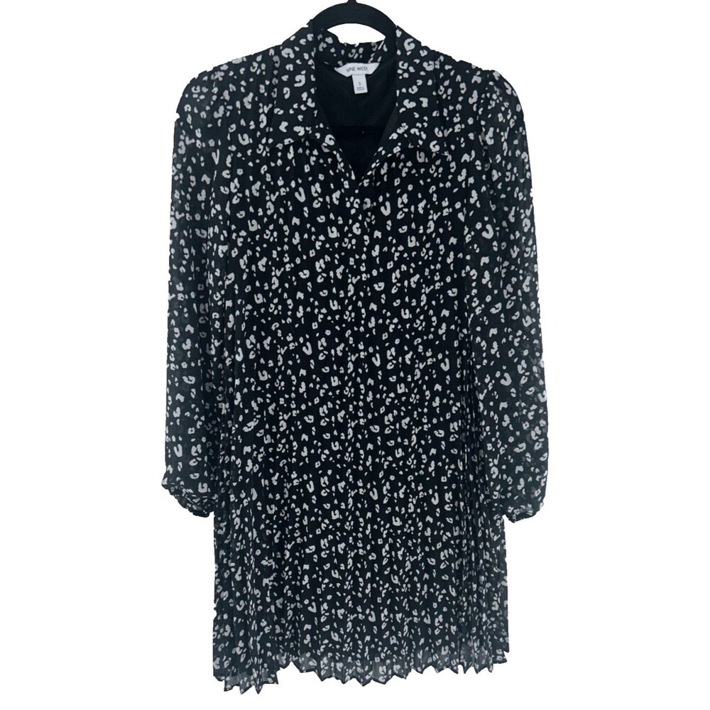 Women's Nine West Cheetah Print Pleated Georgette Collared Dress Size S